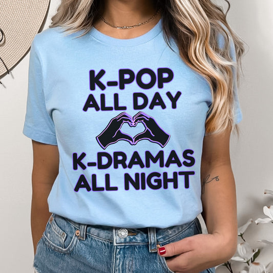 K-Pop All Day K-Drama All Night Shirt | Kpop & Kdrama Fan Gift | Purple Outline Heart Hands Tee for Binge-Watching Fans
