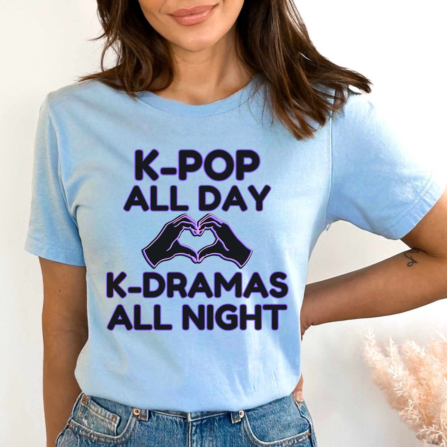 K-Pop All Day K-Drama All Night Shirt | Kpop & Kdrama Fan Gift | Purple Outline Heart Hands Tee for Binge-Watching Fans