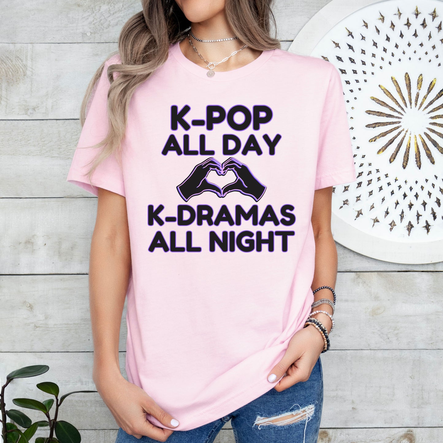 K-Pop All Day K-Drama All Night Shirt | Kpop & Kdrama Fan Gift | Purple Outline Heart Hands Tee for Binge-Watching Fans