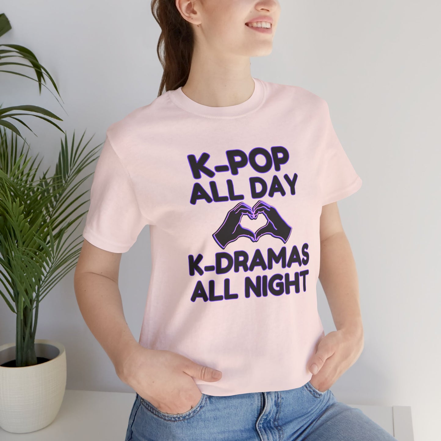 K-Pop All Day K-Drama All Night Shirt | Kpop & Kdrama Fan Gift | Purple Outline Heart Hands Tee for Binge-Watching Fans