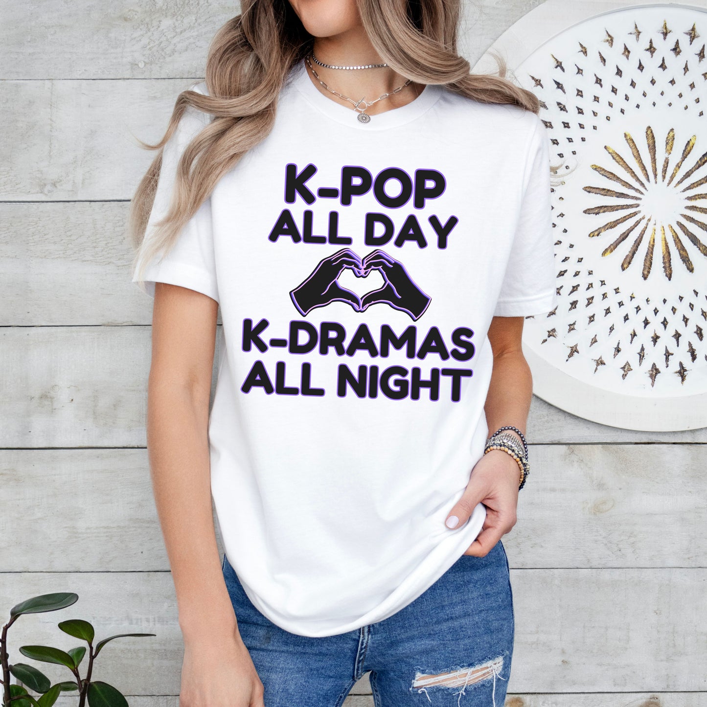K-Pop All Day K-Drama All Night Shirt | Kpop & Kdrama Fan Gift | Purple Outline Heart Hands Tee for Binge-Watching Fans