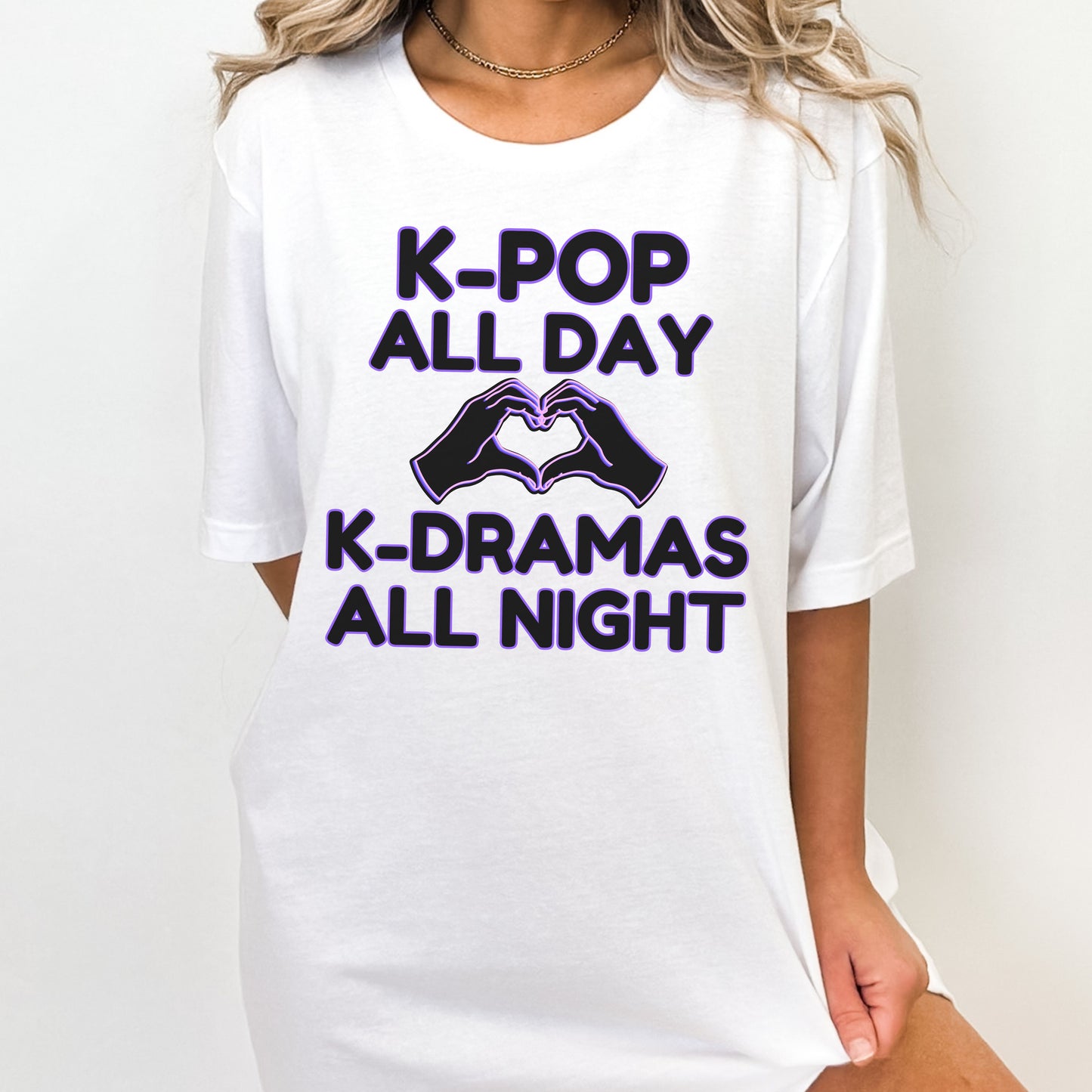 K-Pop All Day K-Drama All Night Shirt | Kpop & Kdrama Fan Gift | Purple Outline Heart Hands Tee for Binge-Watching Fans