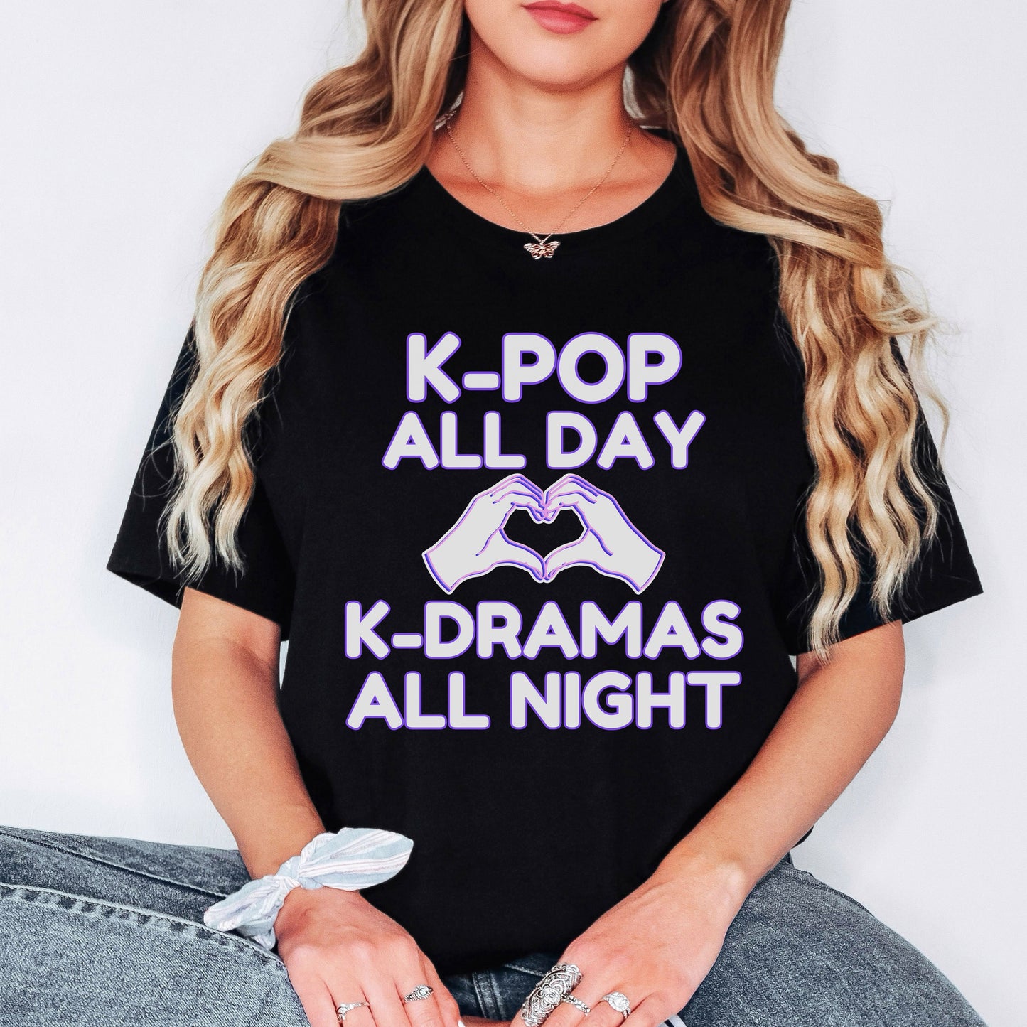 K-Pop All Day K-Drama All Night Shirt | Kpop & Kdrama Fan Gift | Purple Outline Heart Hands Tee for Binge-Watching Fans