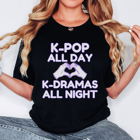 K-Pop All Day K-Drama All Night Shirt | Kpop & Kdrama Fan Gift | Purple Outline Heart Hands Tee for Binge-Watching Fans