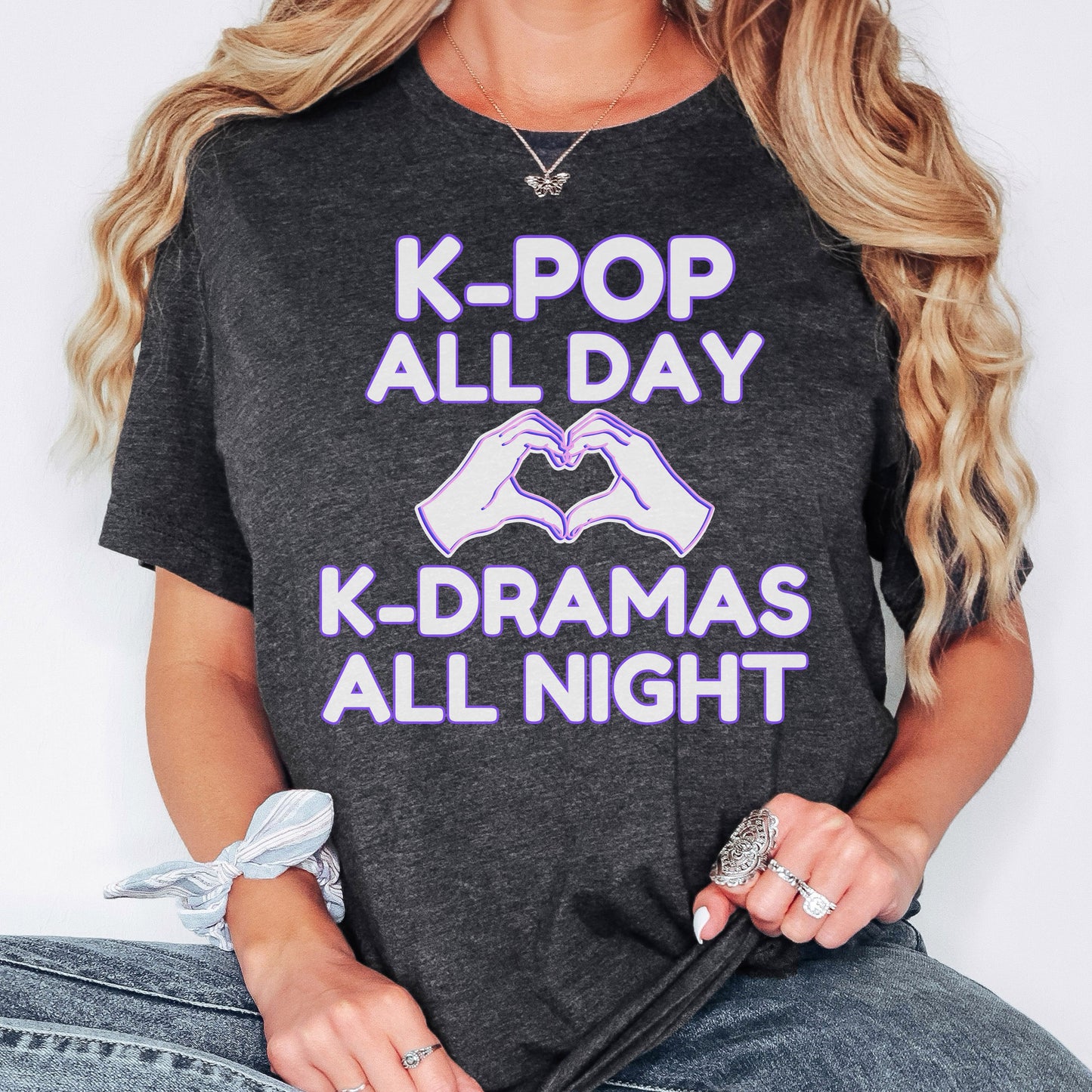 K-Pop All Day K-Drama All Night Shirt | Kpop & Kdrama Fan Gift | Purple Outline Heart Hands Tee for Binge-Watching Fans