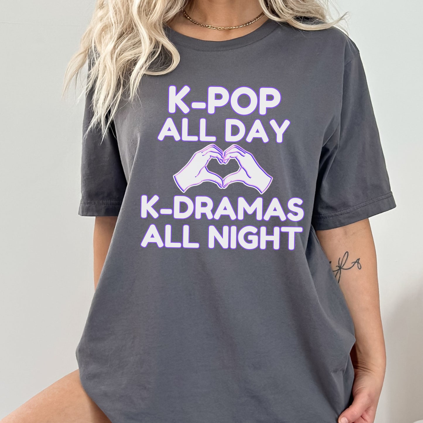 K-Pop All Day K-Drama All Night Shirt | Kpop & Kdrama Fan Gift | Purple Outline Heart Hands Tee for Binge-Watching Fans